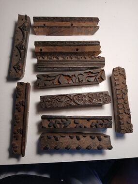 Vintage Hand-Carved Wooden Printing Block Set - Brown